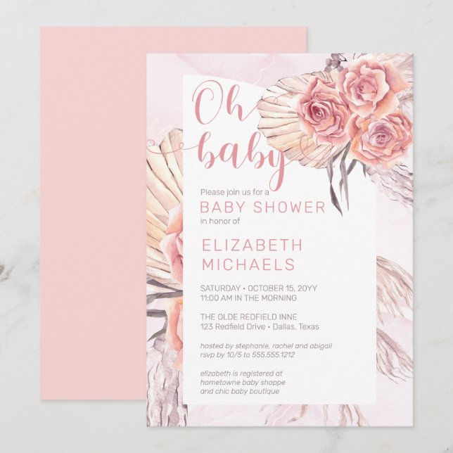 Pampas Grass |Rosa ros Blooms Girl Oh Baby Shower Inbjudningar (Fram/baksida)