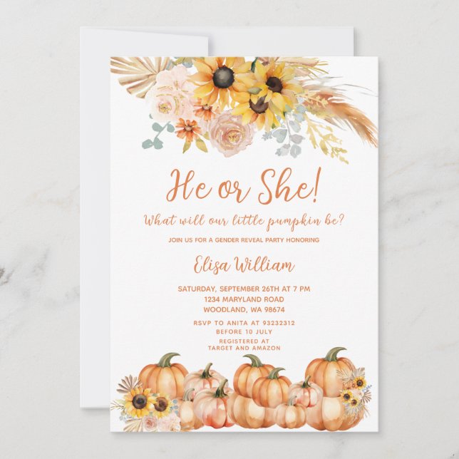 Pampas Grass Rust Orange Pumpkin Gender Reveal Inbjudningar (Framsida)
