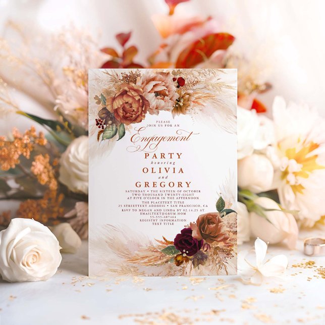 Pampas Grass Rust Terracotta Förlovningsfest Inbjudningar (Terracotta Boho Engagement Party Invitations)