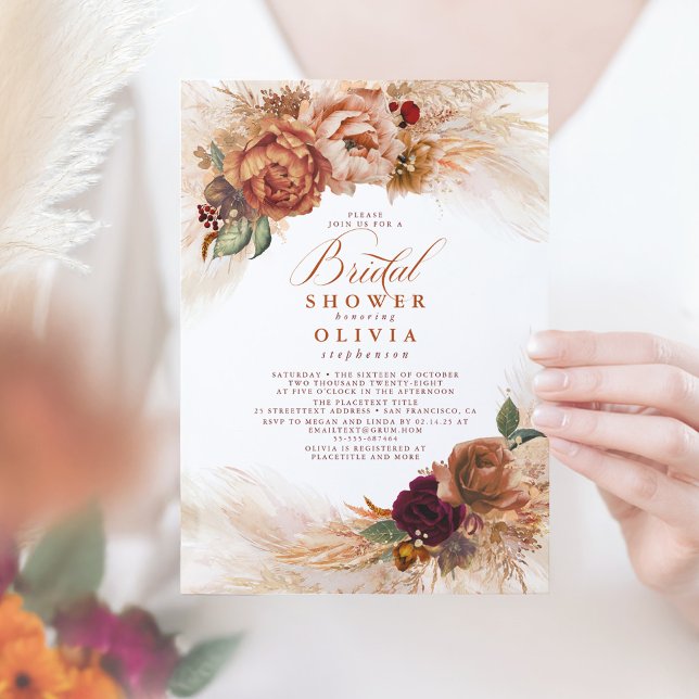 Pampas Grass Rust Terracotta Möhippa Inbjudningar (Terracotta Floral Bridal Shower Invitation)