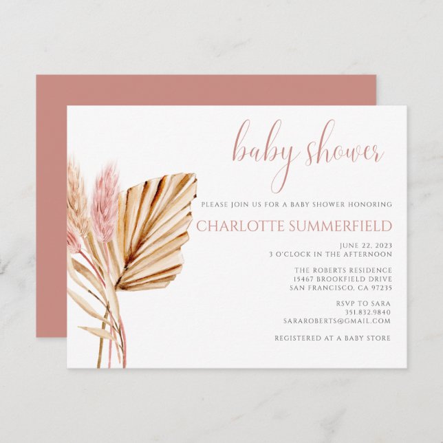 Pampas Grass Rustic Boho Blommigt Baby Shower Inbjudningar (Fram/baksida)