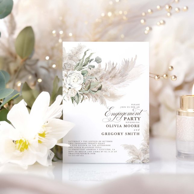 Pampas Grass Sage Greenery Blommigt Förlovningsfes Inbjudningar (Boho Pampas Grass and Greenery Engagement Party Invitations)