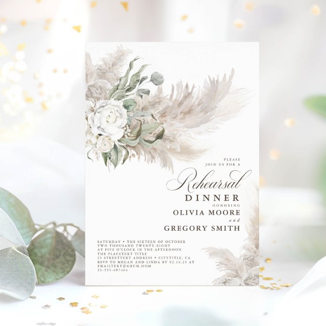 Pampas Grass Sage Greenery Blommigt Rehearsal Midd Inbjudningar (Pampas Grass and Eucalyptus Invitations)