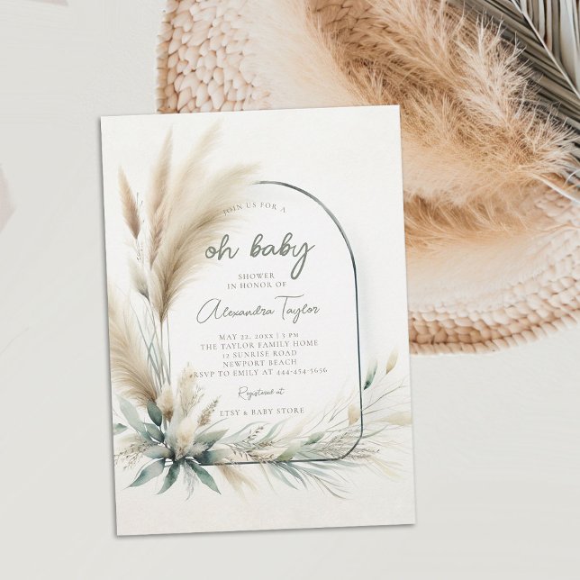 Pampas Grass Sage Grönt Arch Neutralt Baby Shower Inbjudningar (pampas grass oh baby shower invitation gender neutral watercolor greenery botanical foliage boho )