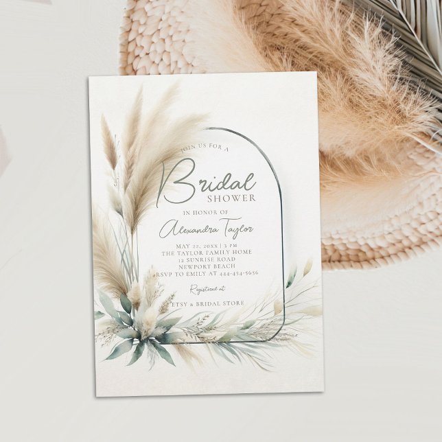 Pampas Grass Sage Grönt Boho Arch Möhippa Inbjudningar (pampas grass bridal shower invitation boho arch dried flowers sage green white minimalist bohemian)