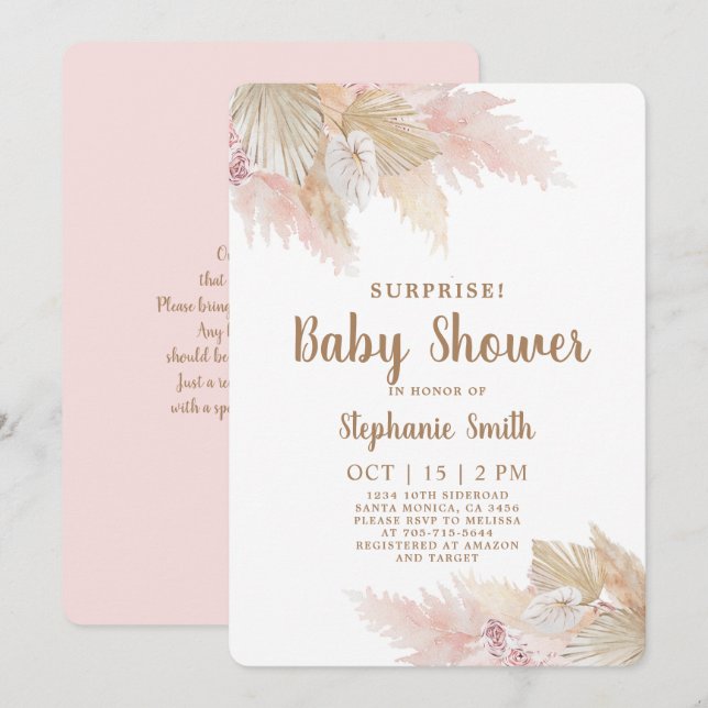Pampas Grass Surprise Baby Shower Girl-inbjudan Inbjudningar (Fram/baksida)
