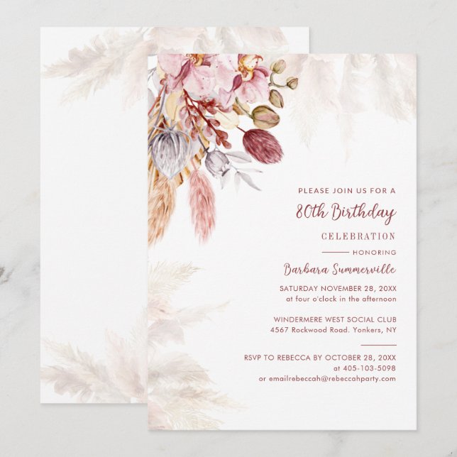 Pampas Grass Terracotta 80:e Födelsedagsfesten Inbjudningar (Fram/baksida)