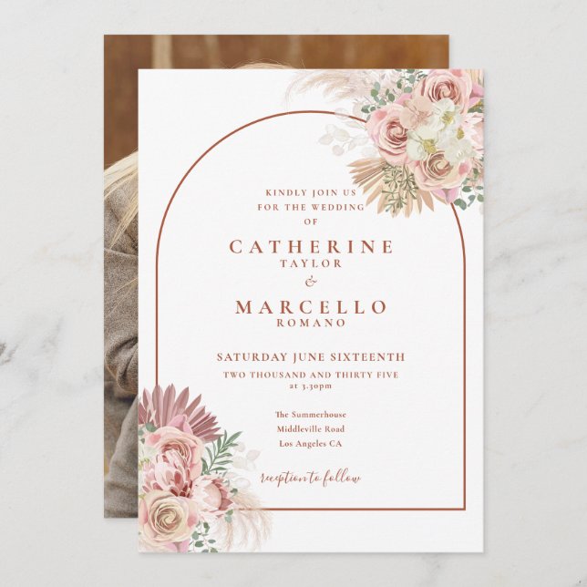 Pampas Grass Terracotta Arch Blommigt Photo Bröllo Inbjudningar (Fram/baksida)