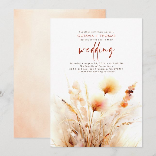 Pampas Grass Terracotta Blommigt Boho Fall Wedding Inbjudningar (Fram/baksida)