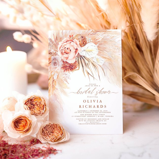 Pampas Grass Terracotta Blommigt Möhippa Inbjudningar (Terracotta Boho Bridal Shower Invitations)