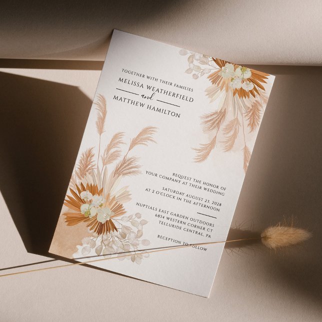 Pampas Grass Terracotta botaniskt torkat Handflata Inbjudningar (Pampas Grass Elegant Fall Wedding Invitation)