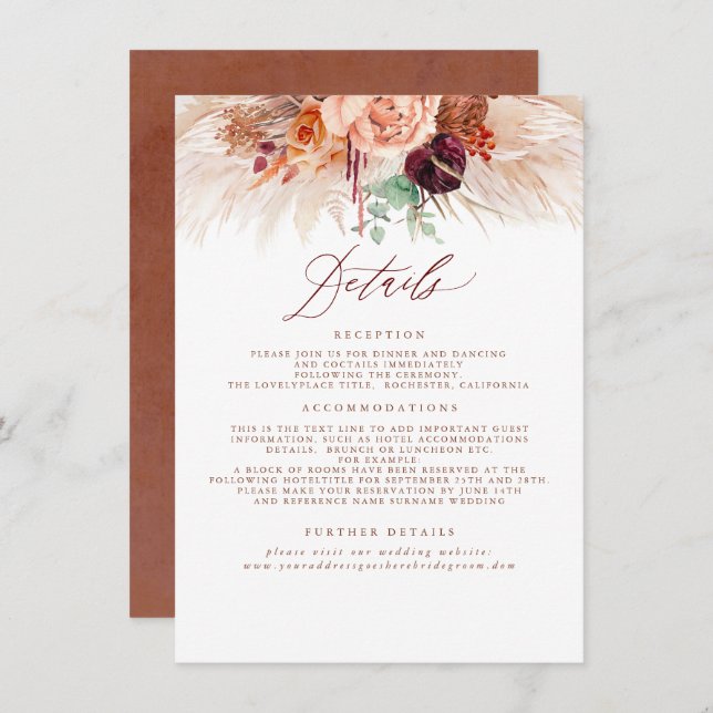 Pampas Grass Terracotta Bröllop-detaljbilaga Tilläggskort (Fram/baksida)