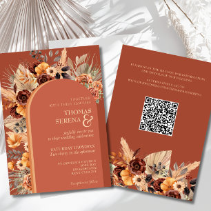 Pampas Grass Terracotta Fall Rust QR-kod Bröllop Inbjudningar