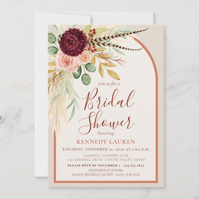 Pampas Grass Terracotta Floral Boho Bridal Shower  Inbjudningar (Framsida)