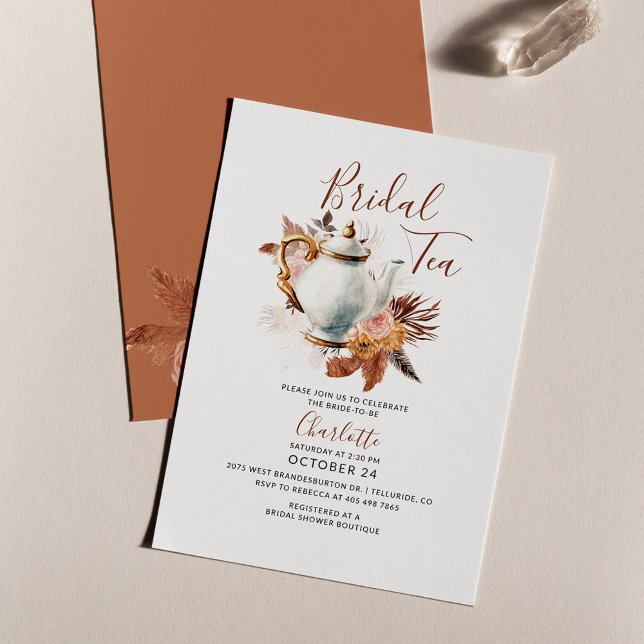 Pampas Grass Terracotta Möhippa Tea Party Shower i Anteckningskort (Pampas Grass Tea Party Bridal Shower Invitation)