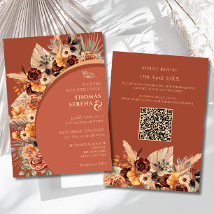 Pampas Grass Terracotta Rustic QR Code Bröllop Inbjudningar