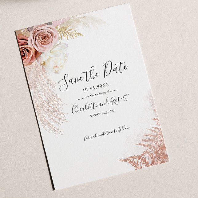 Pampas Grass Terracotta Spara datumet Flygblad (Pampas Grass Script Wedding Save the Date Announcement)