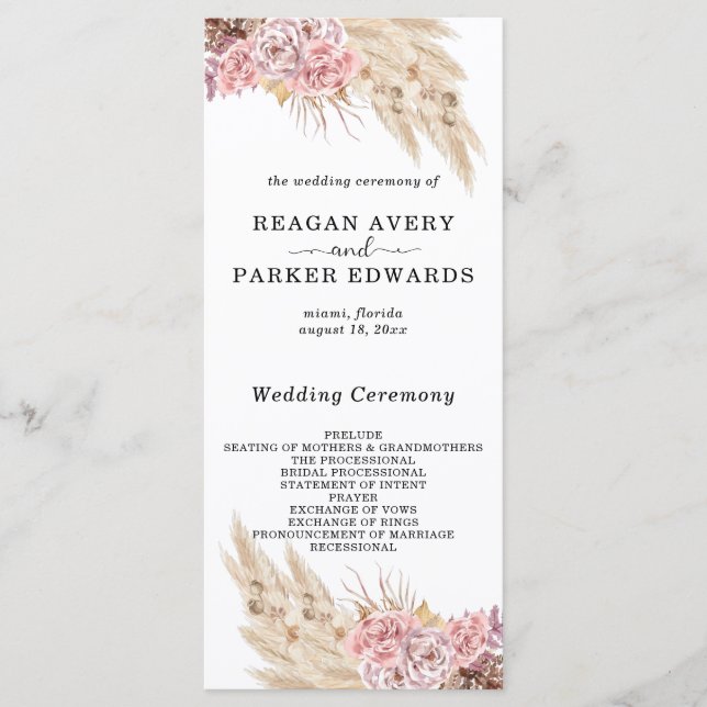 Pampas Grass Torkad Blommigt Ro Lila Bröllop Program (Framsida)