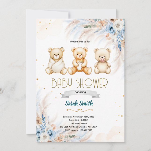 Pampas Grass Triplet bear invitation Inbjudningar (Framsida)