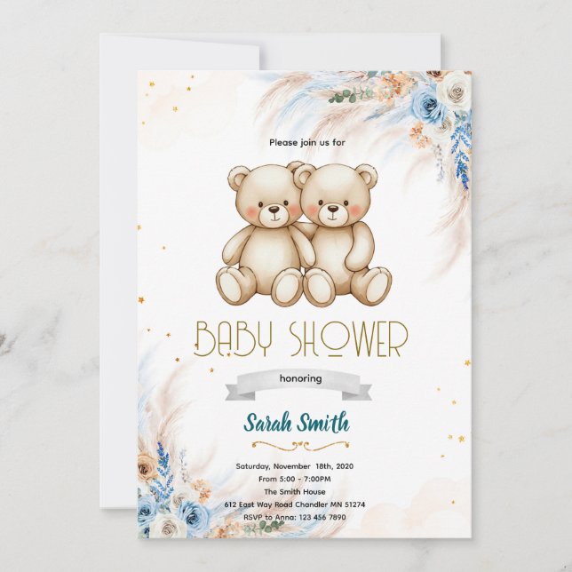 Pampas Grass twins bear invitation Inbjudningar (Framsida)