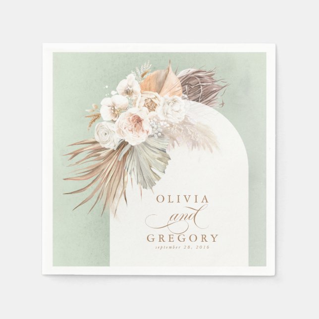 Pampas Grass White Blommigt Boho Bröllop Pappersservett (Framsidan)