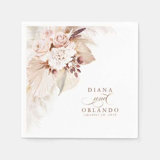Pampas Grass White Blommigt Boho Bröllop Pappersservett (Framsidan)