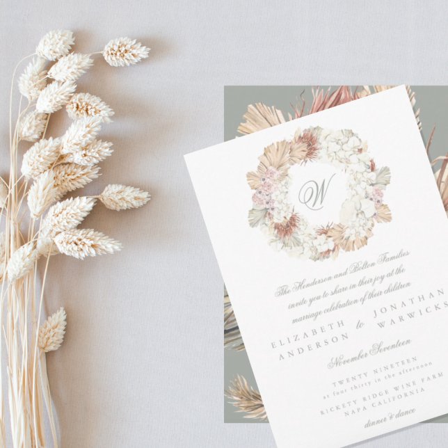 Pampas Grönt för andningsförlust Monogram Elegant Inbjudningar (Skapare uppladdad)
