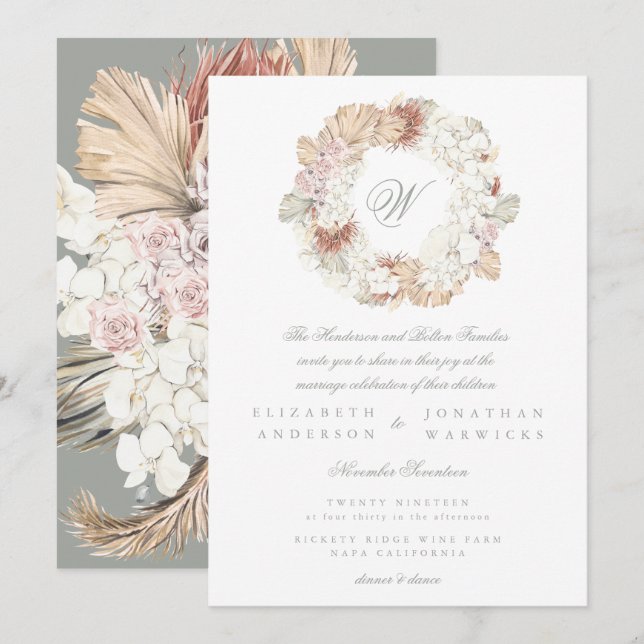 Pampas Grönt för andningsförlust Monogram Elegant Inbjudningar (Fram/baksida)