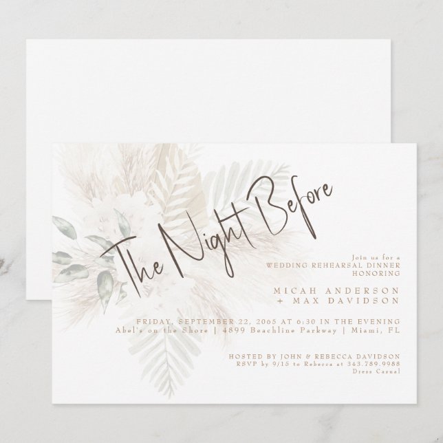 Pampas & Guld natten före repetitionsmiddagen Inbjudningar (Fram/baksida)