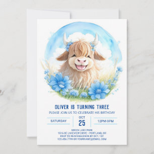 Pampas Highland Cow Wildblomma Barns födelsedag Inbjudningar