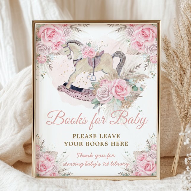 Pampas Rosa Blommigt Rocking Horse Bokar för Baby Poster (rocking horse boho pink roses pampas grass bring books for baby baby shower poster sign printed file)