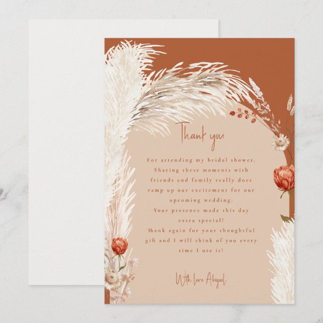 Pampas Terrakotta Bröllopsdusch Tack Kort (Fram/baksida)