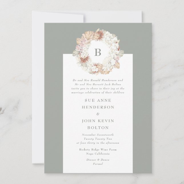 Pampas WAN Moss Grönt Monogram Bröllop Inbjudningar (Framsida)