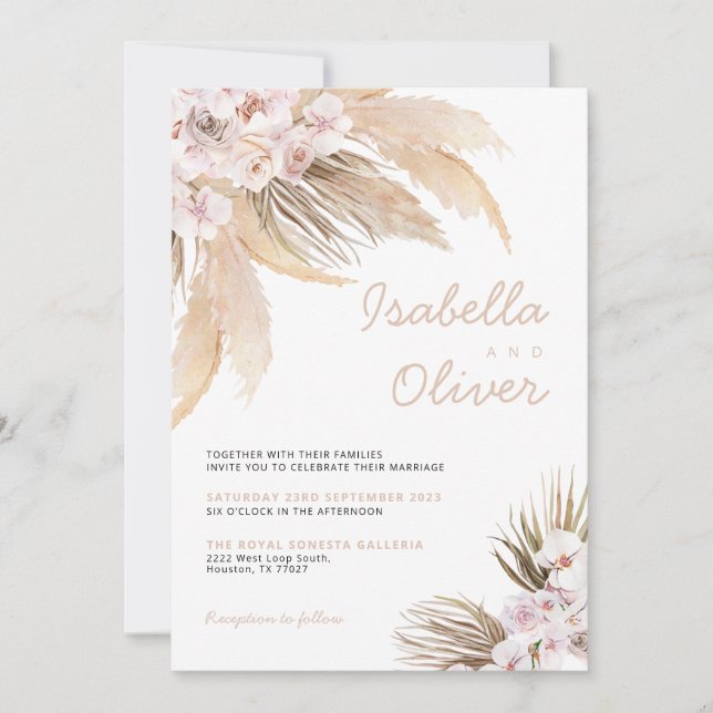 Pampas Wedding inbjudan boho beige (Framsida)