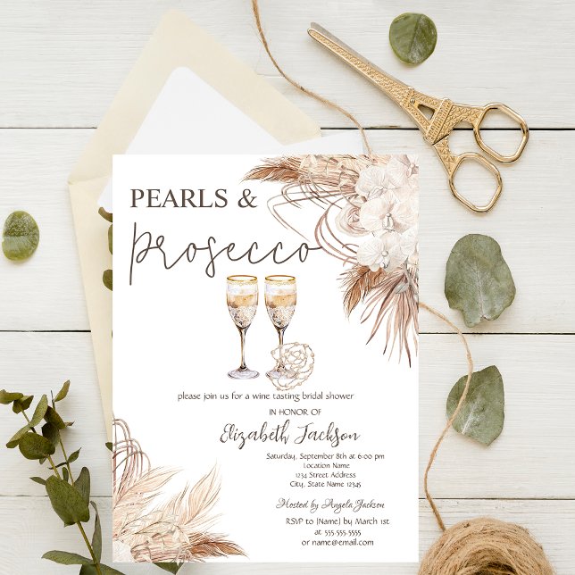 Pampasblommor Pärlor Prosecco Bröllopsfest   Inbjudningar (Skapare uppladdad)
