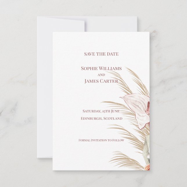 Pampasgräs Anthurium Boho Tropisk Bröllop Spara Datumet (Framsida)