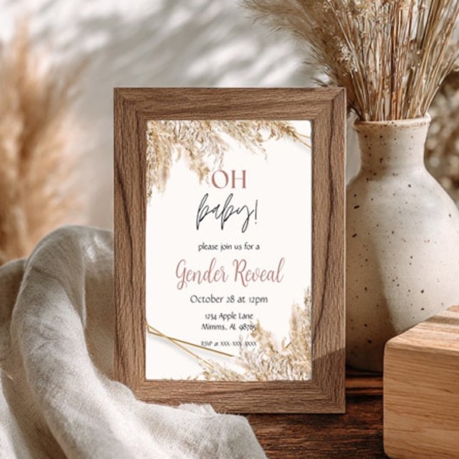 Pampasgräs Baby Shower Inbjudan | Neutral Boho (Elegant Boho Gender Reveal Invitation. Features soft pampas grass and gold accents. Shop now!)