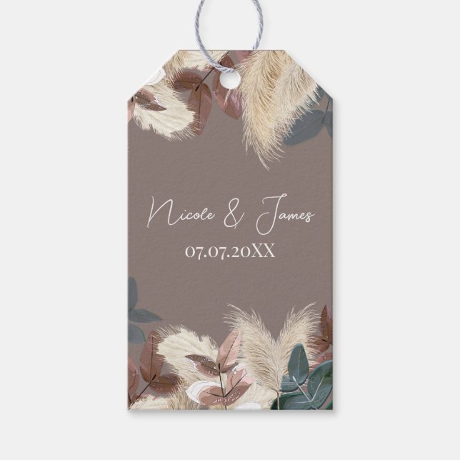 Pampasgräs & blad jordnära bohemisk bröllop presentetikett (Framsidan)