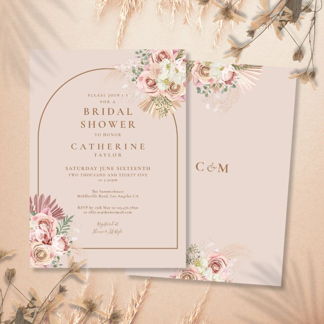 Pampasgräs Blommig Båge Bröllopsfest Inbjudan (Pampas Grass Floral Arch Bridal Shower Invitation)