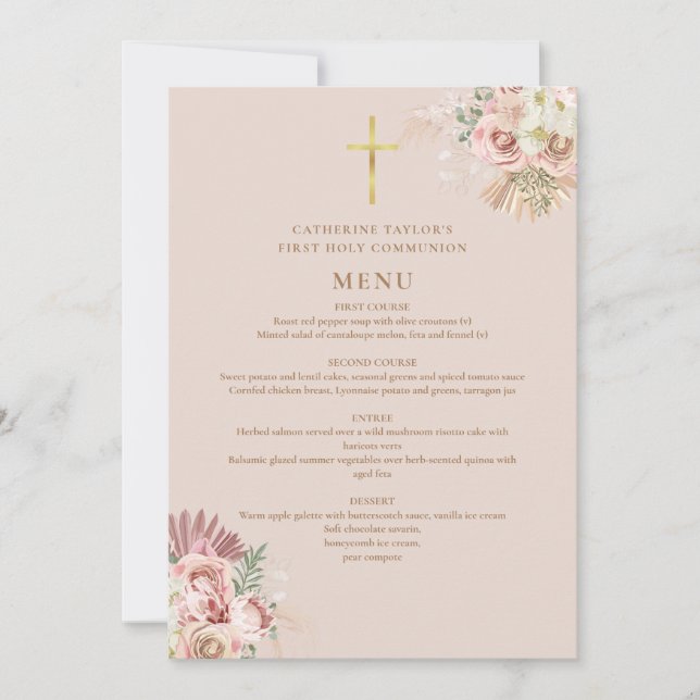 Pampasgräs Blommig Första Kommunion Menyn Inbjudningar (Framsida)