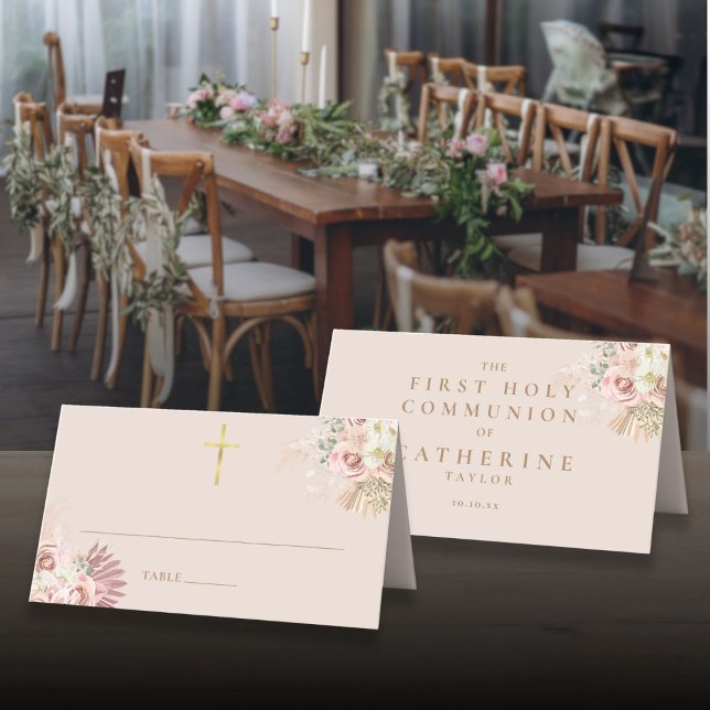 Pampasgräs Blommig Första Kommunion Placeringskort (Pampas Grass Floral First Holy Communion Place Card)