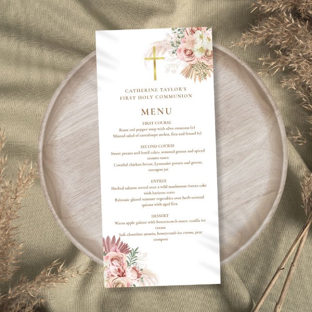 Pampasgräs Blommig Första Nattvarden Meny (Pampas Grass Floral First Holy Communion Menu)