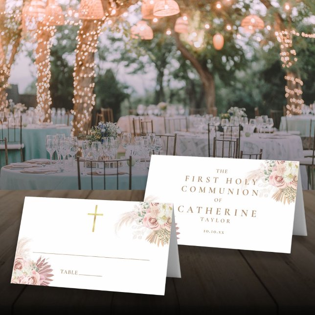 Pampasgräs Blommig Första Nattvarden Placeringskort (Pampas Grass Floral First Holy Communion Place Card)