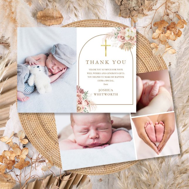 Pampasgräs Blommig Fotokollage Dop Tack Kort (Pampas Grass Floral Photo Collage Baptism Thank You Card)