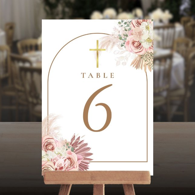 Pampasgräs Blommig Guld Kors Bordskort (Pampas Grass Floral Gold Cross Table Numbers)