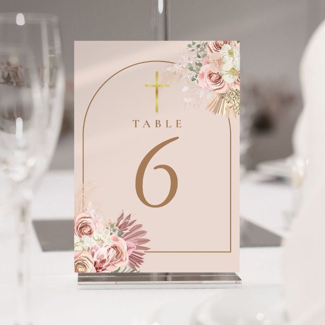 Pampasgräs Blommig Guld Kors Bordskorttar Inbjudningar (Pampas Grass Floral Gold Cross Table Numbers)