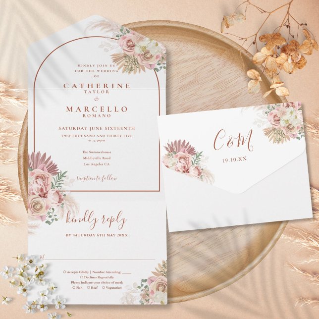 Pampasgräs Blommig Terrakotta Båge Bröllop Allt In (Pampas Grass Floral Terracotta Arch Wedding All In All In One Invitation)