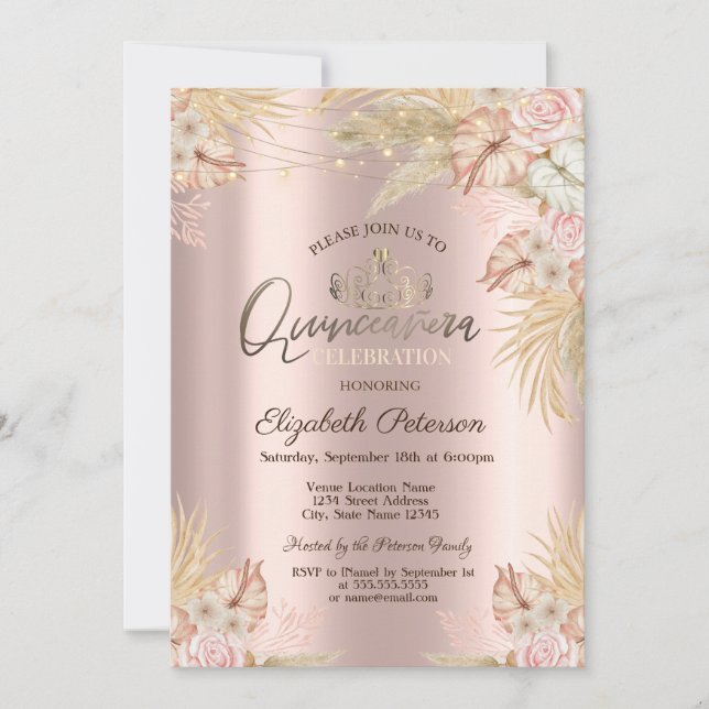 Pampasgräs Boho Blommor Quinceañera Inbjudningar (Framsida)