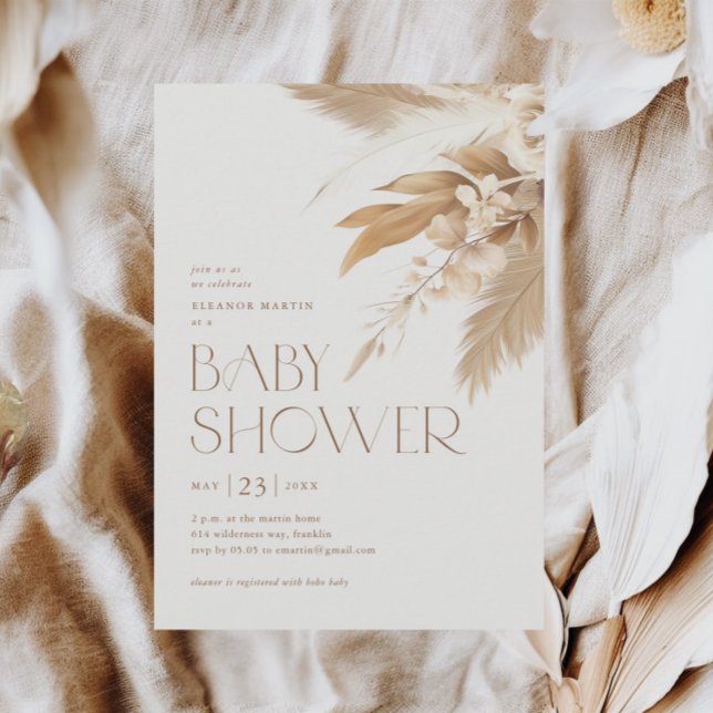 Pampasgräs Boho Könsneutralt Bebisbad Inbjudningar (Pampas Grass Elegant Boho Baby Shower Invitations.)