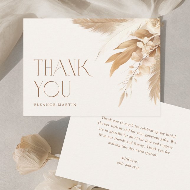 Pampasgräs Boho Neutral Bröllopsdusch Tack Kort (Pampas Grass Boho Neutral Wedding Bridal Shower Thank You Cards.)